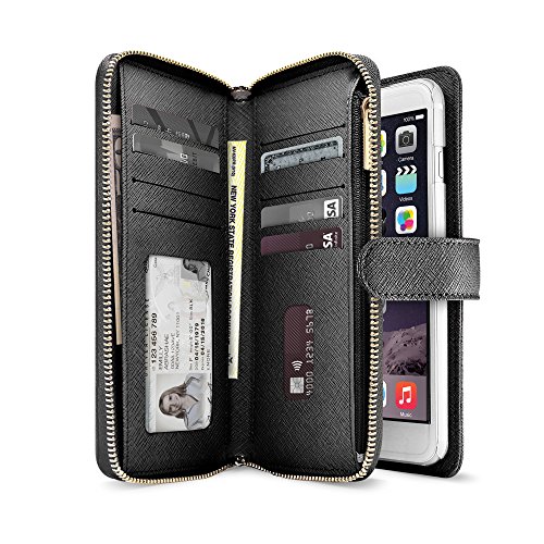 0639247814424 - JSTYLE GALA BY ILUV - LEATHER WALLET CASE (4.7) WITH ZIPPER & BUTTON CLOSURE, SAFFIANO FINISH AND POCKETS TO STORE CREDIT CARDS, ID AND CASH FOR APPLE IPHONE 6 & IPHONE 6S (4.7) (BLACK)