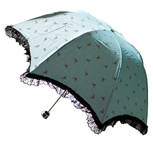 0640052276413 - BOW DOTS FASHION UMBRELLA WITH LACE CHIFFONS (GREEN BLUE)
