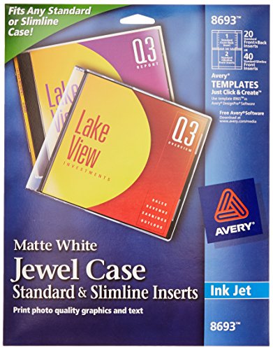 0640206460958 - AVERY CD/DVD JEWEL CASE INSERTS FOR INK JET PRINTERS, WHITE, PACK OF 20