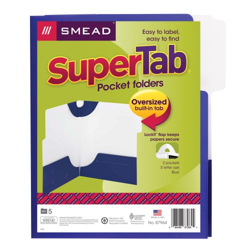 0640206496896 - SMEAD SUPERTAB® TWO-POCKET FILE FOLDER, EXTRA WIDE 1/3-CUT TAB FIRST POSITION, LETTER SIZE, BLUE, 5 PER PACK