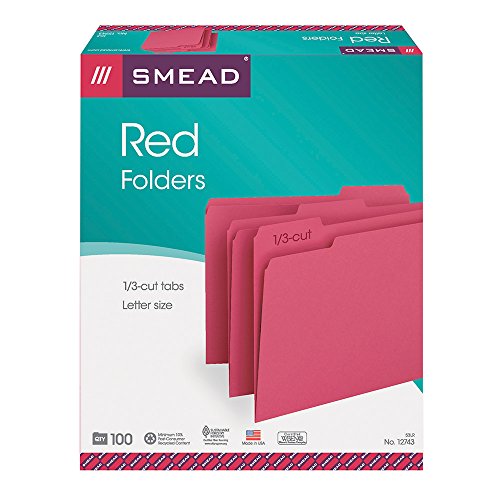 0640206499217 - FILE FOLDERS, SINGLE-PLY TOP, 1/3 CUT, LETTER, RED, 100/BOX (SMD12743)