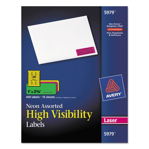 0640206505413 - AVERY HIGH-VISIBILITY LASER LABELS, 1 X 2-5/8, ASSORTED NEONS, 450/PACK