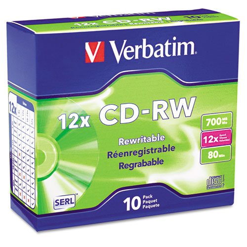 0640206709804 - VERBATIM CD-RW DISCS 700MB/80MIN 12X WITH SLIM JEWEL CASES SILVER 10/PACK HIGH-SPEED REUSABLE