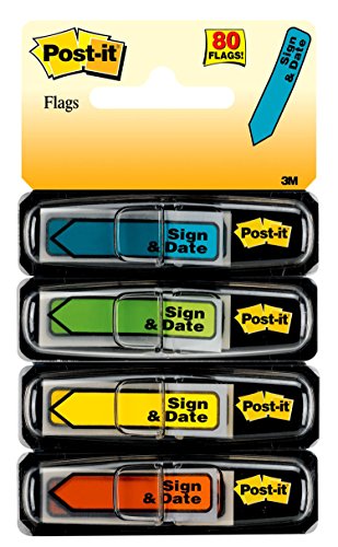 0640206709972 - POST-IT MESSAGE FLAGS, SIGN AND DATE, ASSORTED COLORS, 1/2-INCH WIDE, 30/DISPE