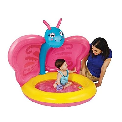 0640791880612 - THE BEST INFLATABLE BABY SWIMMING POOL GUARANTEED! ABOVE GROUND PLASTIC KIDDIE POOL HAS A BUTTERFLY DESIGN WITH BUILT-IN SUN SHADE CANOPY! SOFT BLOW UP FLOOR KEEPS TOTS COMFY INDOOR AND OUTDOORS