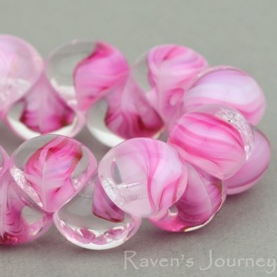 0640841661215 - 30 CZECH GLASS BUTTON BEADS (9MM) PINK CRYSTAL WHITE MIX TRANSPARENT STRIPED. MUSHROOM BEAD. JEWELRY MAKING, BEADING