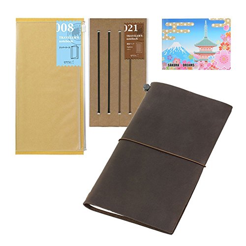 0641022552551 - MIDORI TRAVELER'S NOTEBOOK LEATHER BUNDLE SET , REGULAR SIZE BROWN , REFILL CONNECTION RUBBER BAND , CLEAR ZIPPER CASE , ORIGINAL STICKY NOTES