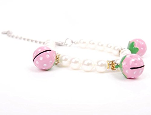 6412948404385 - GENERIC PET PEARL NECKLACE WITH THREE STRAWBERRY BELL CAT DOG CUTE NECKLACE TEDDY PUPPY DOG WHITE PEARL WITH PINK STRAWBERRY BELL SIZE S SMALL