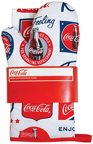 0064180204917 - RED WHITE AND COKE KITCHEN LINEN SET - 2 MITTS AND TERRY TEA TOWEL