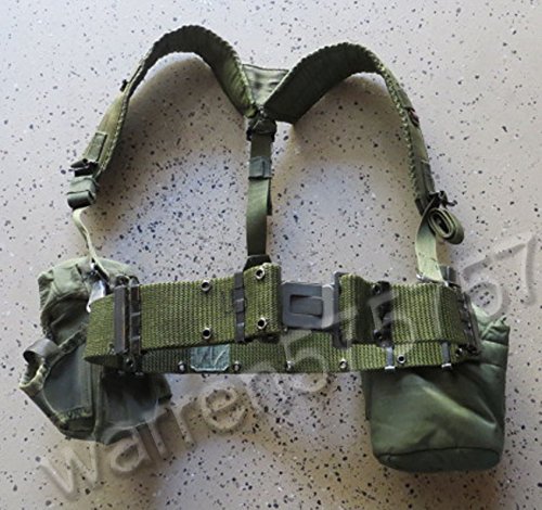 0642337796104 - MILITARY ISSUE USED BDU UTILITY BELT WITH LC-1 SUSPENDER , AMMO POUCH, NEW CANTEEN, USED OD COVER