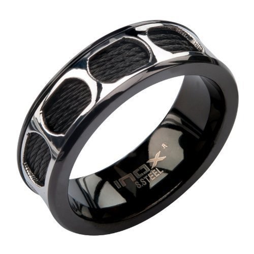 0642415294898 - INOX MENS STAINLESS STEEL BLACK CABLE IN OVAL WINDOW RING SIZE 10
