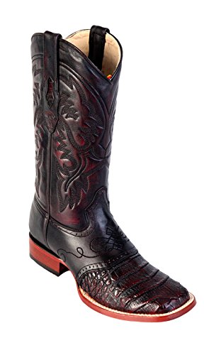 0642415296434 - MEN'S WIDE SQUARE TOE BLACK CHERRY GENUINE LEATHER CAIMAN BELLY W/ SADDLE SKIN WESTERN BOOTS