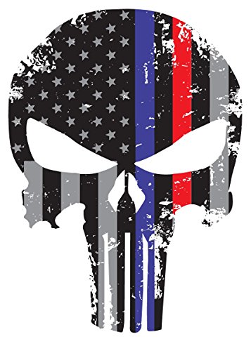 0643131912455 - PUNISHER SKULL 5.5 X 4 INCH TATTERED SUBDUED US FLAG REFLECTIVE DECAL WITH THIN BLUE AND RED LINE