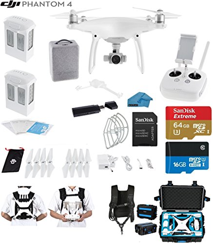 0643989110133 - DJI PHANTOM 4 QUADCOPTER DRONE WITH 4K VIDEO EVERYTHING YOU NEED KIT + 2 TOTAL DJI BATTERIES + SANDISK 64GB MICRO SDXC CARD + STRAP CARRY SYSTEM + CARD READER 3.0 + CLOTH (WITH MILITARY HARD CASE)