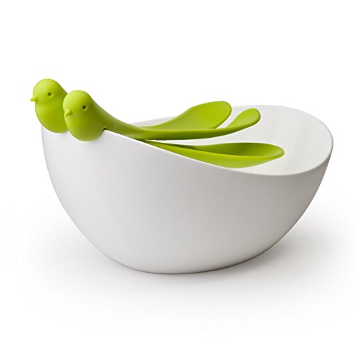 0645038958024 - SALAD SERVERS SPARROW BY QUALY DESIGN. WHITE COLOR SALAD MIXING BOWL AND 2 BGREEN SERVING SPOONS. GREAT DESIGNER AND PRACTICAL SALAD MIXING BOWL. UNIQUE PRESENT FOR HEALTHY FOOD LOVERS.