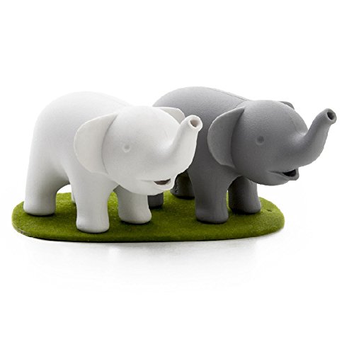 0645038958246 - COOL SALT AND PEPPER SHAKERS DUO ELEPHANT BY QUALY DESIGN STUDIO. WHITE AND GREY SHAKERS AND GREEN MAGNETIC STAND BASE. COOL KITCHENWARE. WILL MAKE UNIQUE GIFT TO COOKING LOVERS.