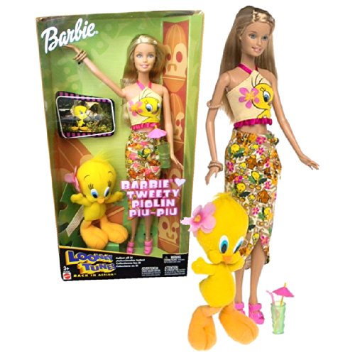 0645416691710 - MATTEL YEAR 2003 BARBIE LOONEY TUNES BACK IN ACTION SERIES 12 INCH DOLL SET - BARBIE LOVES TWEETY PIOLIN PIU-PIU WITH BARBIE DOLL IN BEACH OUTFIT HOLDING A COCKTAIL GLASS PLUS TWEETY 5 INCH PLUSH