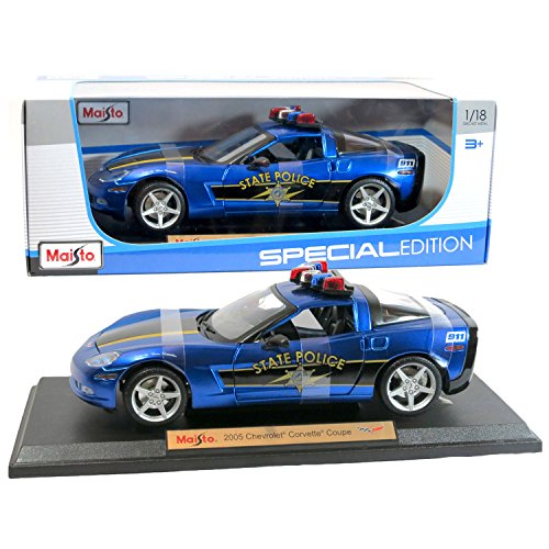 0645416932493 - MAISTO YEAR 2015 SPECIAL EDITION SERIES 1:18 SCALE DIE CAST CAR SET - BLUE COLOR 2005 STATE POLICE CRUISER CHEVROLET CORVETTE COUPE WITH DISPLAY BASE (CAR DIMENSION: 9 X 4 X 2-1/2)