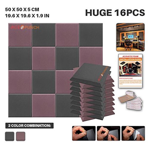 0645789734045 - ACE PUNCH 16 PACK 2 COLORS BLACK AND BURGUNDY SELF ADHESIVE FLAT BEVEL ACOUSTIC FOAM PANEL STUDIO SOUNDPROOFING WALL TILES SOUND INSULATION WITH FREE MOUNTING TABS 19.6 X 19.6 X 1.9 AP1055