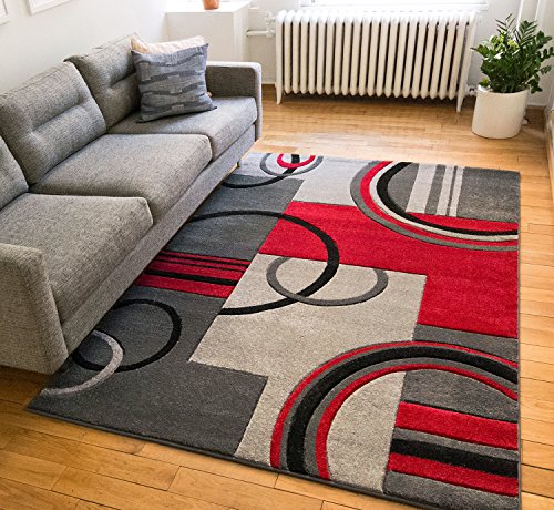 0645871796814 - ECHO SHAPES & CIRCLES RED / GREY MODERN GEOMETRIC COMFY CASUAL HAND CARVED AREA RUG 5X7 ( 5'3 X 7'3 ) EASY CLEAN STAIN FADE RESISTANT SHED FREE ABSTRACT CONTEMPORARY THICK SOFT PLUSH LIVING ROOM