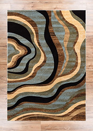 0645871798993 - HUDSON WAVES BLUE / BROWN GEOMETRIC MODERN CASUAL AREA RUG 5 ( 5'3 ROUND ) EASY TO CLEAN STAIN / FADE RESISTANT SHED FREE ABSTRACT CONTEMPORARY NATURAL LINES MULTI SOFT LIVING DINING ROOM RUG