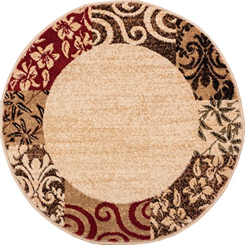 0645871800276 - VERDANT VINES BEIGE MODERN DAMASK BORDER RUG 3 ( 31 ROUND ) CASUAL ORIENTAL EASY CLEAN STAIN FADE RESISTANT SHED FREE CONTEMPORARY FLORAL FORMAL GRADIENT SOFT LIVING DINING ROOM RUG