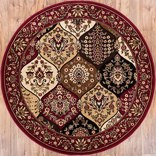 0645871800573 - DYNASTY PANEL RED MULTI ORIENTAL FLORAL GEOMETRIC MODERN CASUAL AREA RUG 5 ( 5'3 ROUND ) EASY TO CLEAN STAIN / FADE RESISTANT SHED FREE CONTEMPORARY FORMAL LATTICE TRELLIS SOFT LIVING DINING ROOM RUG