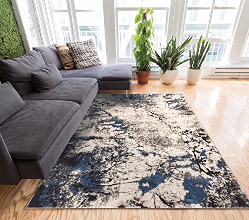 0645871807572 - SPLASH BLUE & GREY MODERN ABSTRACT GEOMETRIC PAINT BRUSH STROKE AREA RUG 8 X 11 ( 7'10 X 10'6 ) NEUTRAL VINTAGE THICK SOFT PLUSH SHED FREE