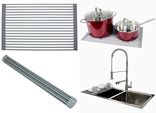 0645964491268 - ARIEL OVER THE SINK / COUNTERTOP MULTIPURPOSE ROLL-UP DISH DRYING RACK (GRAY) - SILICONE COATED STAINLESS STEEL - FLAT STRIPE DESIGN - DISHWASHER SAFE, HEAT RESISTANT, TRIVET, COLANDER, FOOD DEFROST