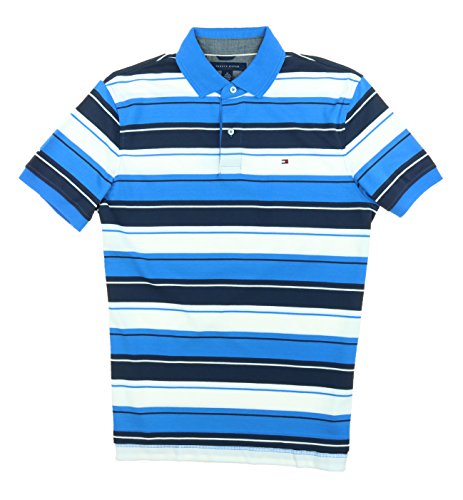 0646130453752 - TOMMY HILFIGER MENS STRIPED INTERLOCK POLO, FRENCH BLUE, LARGE
