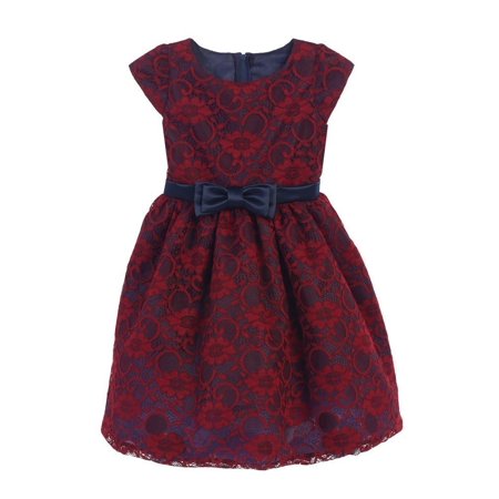 0646412547537 - SWEET KIDS LITTLE GIRLS BURGUNDY NAVY FLORAL LACE BOW OCCASION DRESS 2T-6