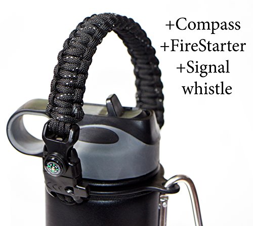 0646819995344 - WATERFIT PARACORD CARRIER STRAP CORD WITH SAFETY RING AND CARABINER FOR 12-OUNCE TO 64-OUNCE WIDE MOUTH WATER BOTTLES, BLACKSPECKLED/COMPASS+FIRESTARTER