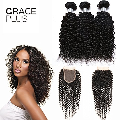 0647336569001 - GRACE PLUS CURLY HAIR PRODUCTS BRAZILIAN VIRGIN HAIR BOHEMIAN KINKY CURLY HUMAN HAIR 3 BUNDLES WITH LACE CLOSURE 4X4 FREE PART NATURAL BLACK COLOR (101214+8)