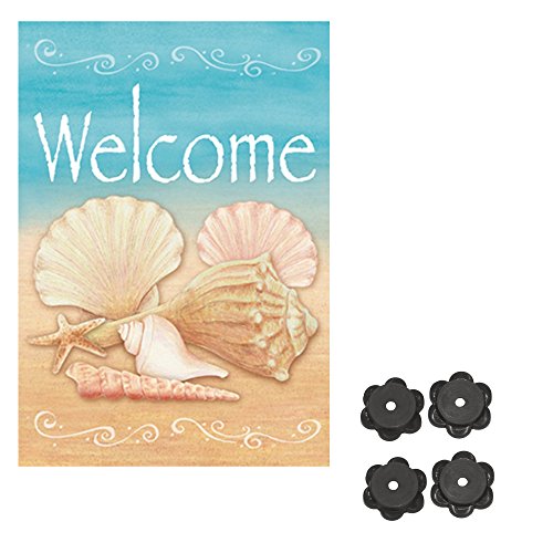 0647409218454 - TOLAND HOME GARDEN SMALL (12.5X18) INCH WELCOME SHELLS FLAG WITH FOUR BELLE ROSE FARM GARDEN FLAG STOPPERS - 2 ITEMS BUNDLED BY MAVEN GIFTS