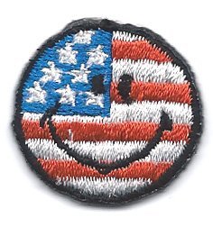 0647627303949 - 1 X 1 INCHES PATRIOTIC HAPPY FACE RED WHITE BLUE US FLAG STARS STRIPES EMBROIDERED IRON ON / SEW ON PATCH APPLIQUE