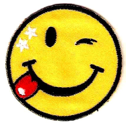 0647627304045 - 2 X 2 INCHES WINK RED TONGUE HAPPY FACE SMILEY EMBROIDERED IRON ON / SEW ON PATCH APPLIQUE
