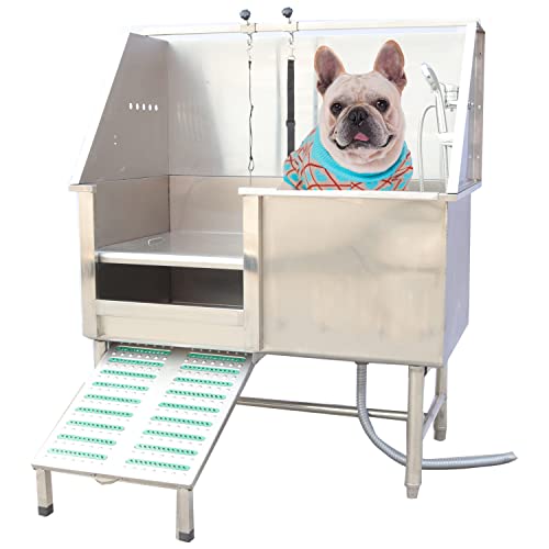 0647859409983 - 50 INCH PROFESSIONAL DOG GROOMING TUB STAINLESS STEEL PET BATHING TUB LARGE DOG WASH TUB WITH FAUCET WALK-IN RAMP ACCESSORIES DOG WASHING STATION PET BATH TUB
