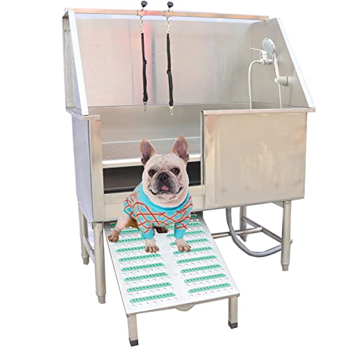 0647859409990 - 62 INCH PROFESSIONAL DOG GROOMING TUB STAINLESS STEEL PET BATHING TUB LARGE DOG WASH TUB WITH FAUCET WALK-IN RAMP ACCESSORIES DOG WASHING STATION PET BATH TUB