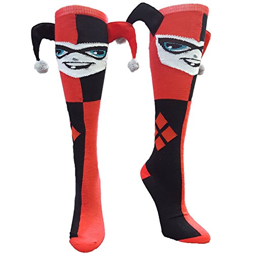 0648260722081 - HARLEY QUINN JESTER KNEE HIGH SOCKS, RED, ONE SIZE FITS MOST (SHOE SIZE 5-10)