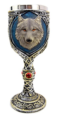 0648609564075 - ATLANTIC COLLECTIBLES ALPHA GRAY WOLF CELTIC MAGIC 7OZ WINE CHALICE GOBLET CUP