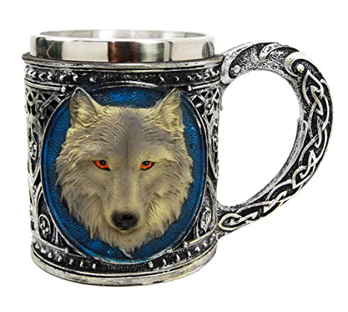 0648609564099 - ATLANTIC COLLECTIBLES ALPHA GRAY WOLF CELTIC TRIBAL MAGIC RESIN 16OZ MUG WITH STAINLESS STEEL RIM FIGURINE