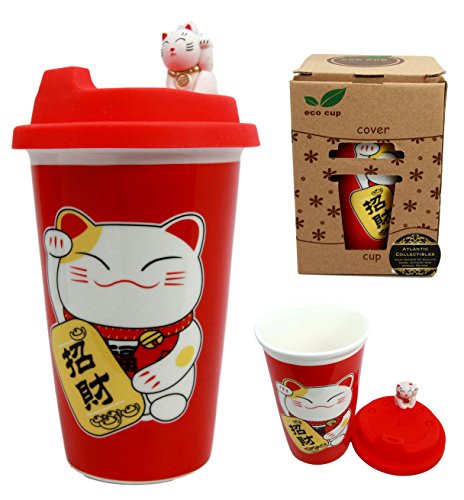 0648609565720 - ATLANTIC COLLECTIBLES LUCKY CAT MANEKI NEKO CERAMIC TALL DRINK MUG CUP WITH SILICONE LID (RED)