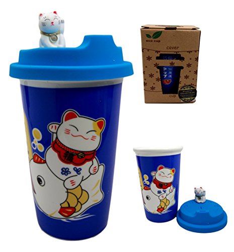 0648609565737 - ATLANTIC COLLECTIBLES LUCKY CAT MANEKI NEKO CERAMIC TALL DRINK MUG CUP WITH SILICONE LID (BLUE)