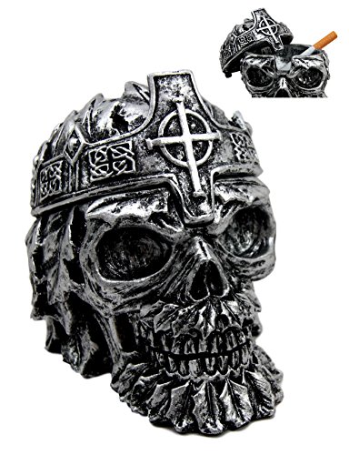 0648609565997 - ATLANTIC COLLECTIBLES CROWNED GREENMAN KING SKULL DECORATIVE CIGARETTE ASHTRAY FIGURINE WITH LID 4.25L