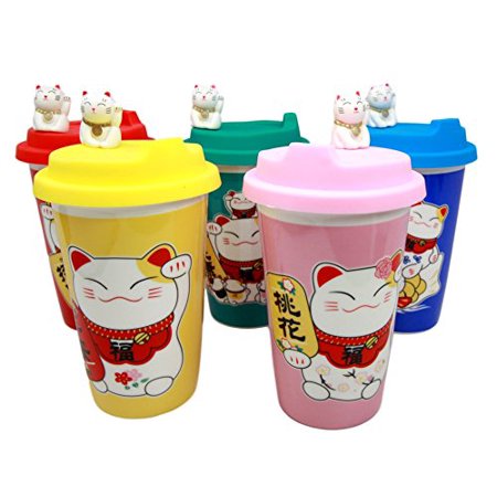 0648609566758 - ATLANTIC COLLECTIBLES MULTI COLORED LUCKY CAT MANEKI NEKO CERAMIC TALL DRINK MUG CUP WITH SILICONE LID SET OF 5