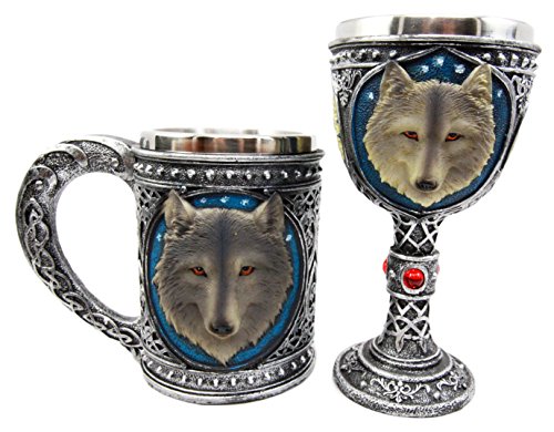 0648609571554 - ATLANTIC COLLECTIBLES LARGE CELTIC BLUE ALPHA GRAY WOLF MUG AND WINE GOBLET CHALICE CUP SET OF 2 FIGURINE