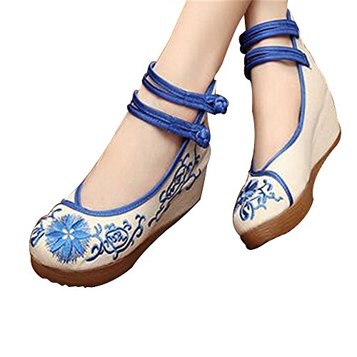 6486748124712 - VINTAGE CHINESE MARY JANE SHOES EMBROIDERY FLORAL TRADITIONAL CHINESE SHOES BLUE (EU40)