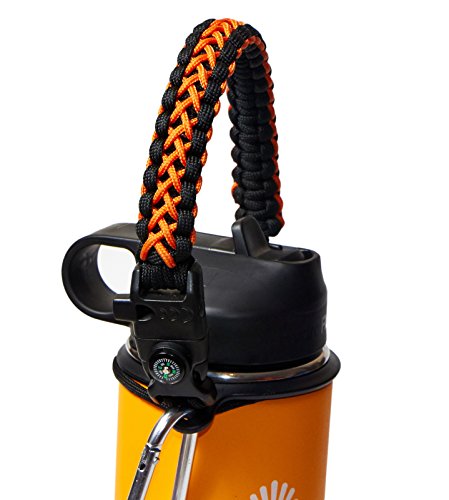 0649823924393 - WATERFIT PARACORD CARRIER STRAP CORD WITH SAFETY RING AND CARABINER FOR 12-OUNCE TO 64-OUNCE WIDE MOUTH WATER BOTTLES, ORANGE/COMPASS