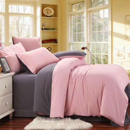 6500000105018 - H&C 100% COTTON 500T SANDING FABRIC REACTIVE PRINTING 4-PIECE DUVET COVER SET WITHOUT COMFORTER NWY2-011FQ FULL SIZE QUEEN SIZE PINK AND GREY SOLID COLOR MODERN SIMPLE STYLE