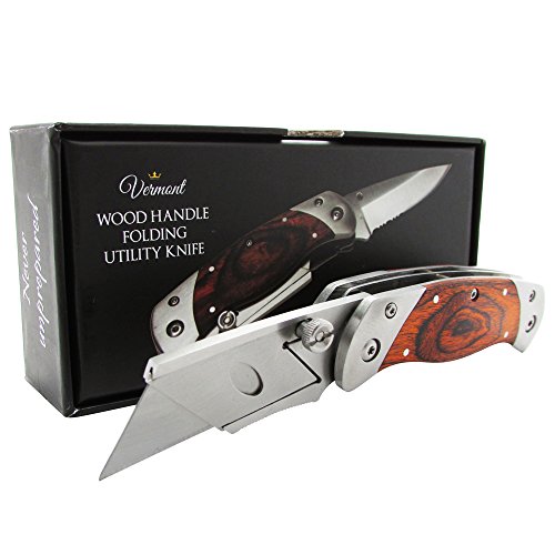 0650348965532 - VERMONT FOLDING UTILITY KNIFE - BEST BOX CUTTER + ALL PURPOSE KNIFE STAINLESS STEEL 3-INCH BLADE - 2 IN 1. GENTLEMAN'S PREMIUM RAZOR KNIFE.